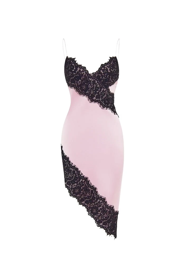 Rasario Asymmetric satin and lace mini dress in Light pink and Black