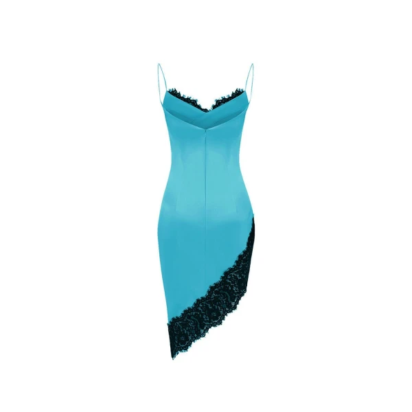 Rasario Asymmetric satin and lace mini dress in Turquoise and Black, view 3