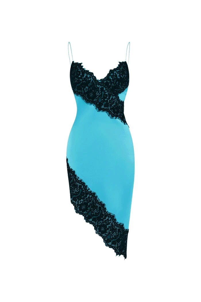 Rasario Asymmetric satin and lace mini dress in Turquoise and Black