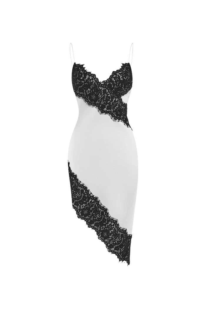 Rasario Asymmetric satin and lace mini dress in White and Black
