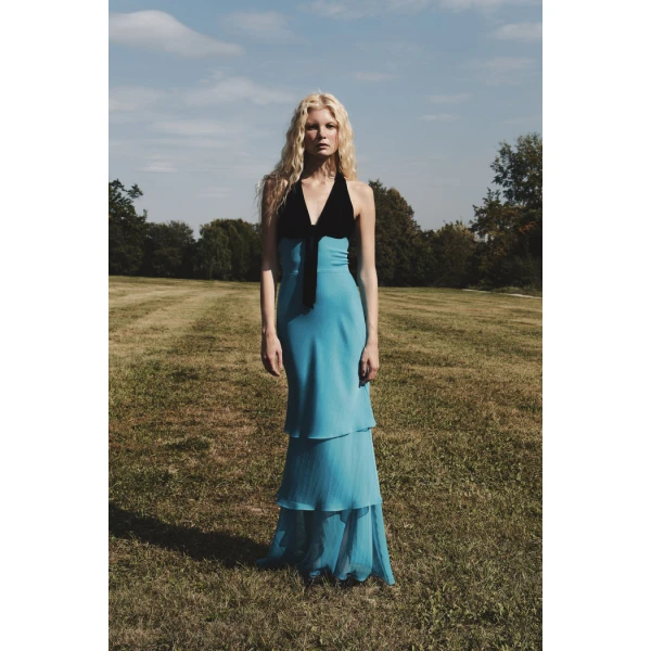 Rasario Chiffon and velvet maxi dress with a bow in Turquoise and Black, view 2