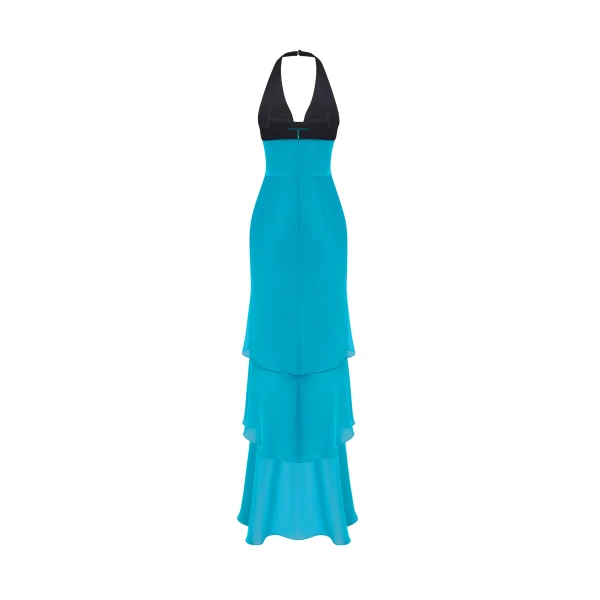 Rasario Chiffon and velvet maxi dress with a bow in Turquoise and Black, view 3
