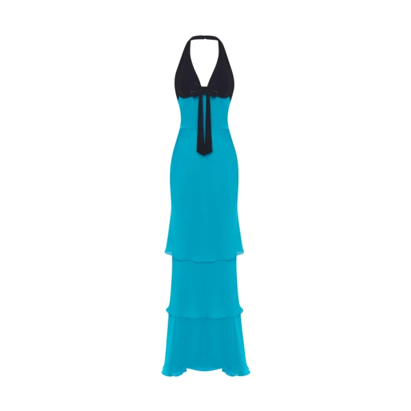 Rasario Chiffon and velvet maxi dress with a bow in Turquoise and Black