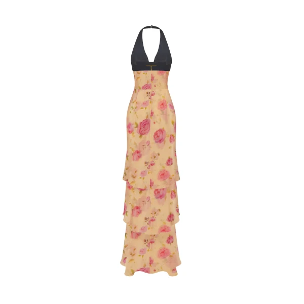 Rasario Chiffon and velvet maxi dress with a bow in Yellow and Black, view 3