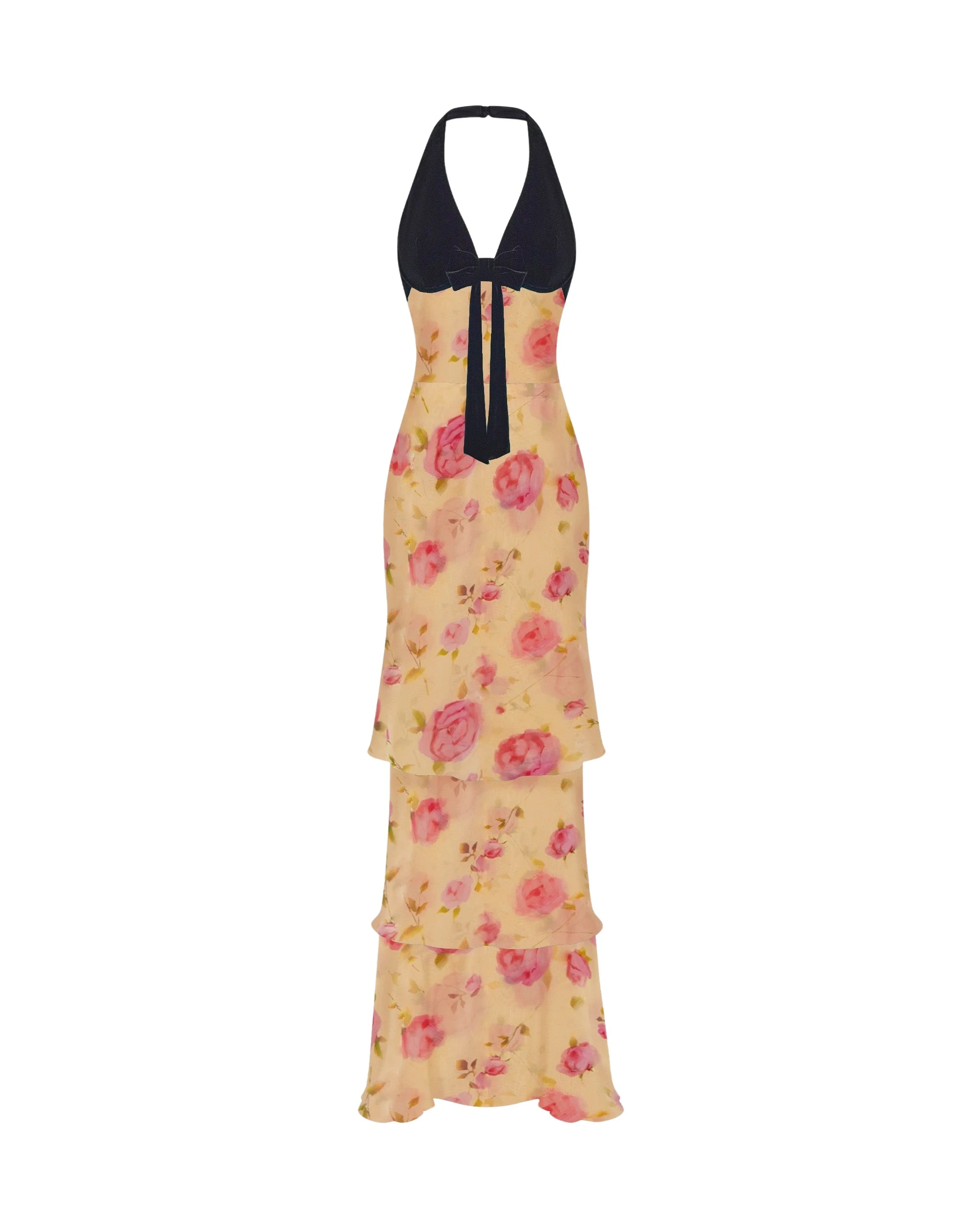 Rasario-Multicolour-Chiffon-and-velvet-maxi-dress-with-a-bow-in-Yellow-and-Black-at-Coveti98732_nobg Rasario Chiffon and velvet maxi dress with a bow in Yellow and Black