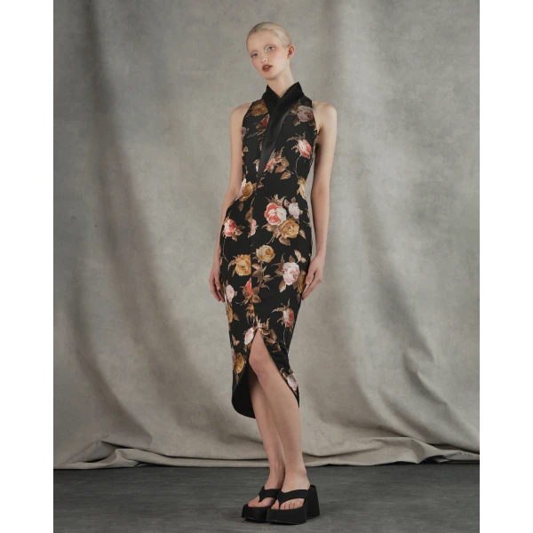 Rasario Chiffon-devoré and satin midi dress in Black and Pink, view 2