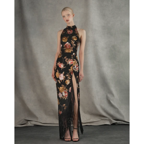 Rasario Chiffon-devoré maxi dress with fringe trim in Black and Pink, view 2