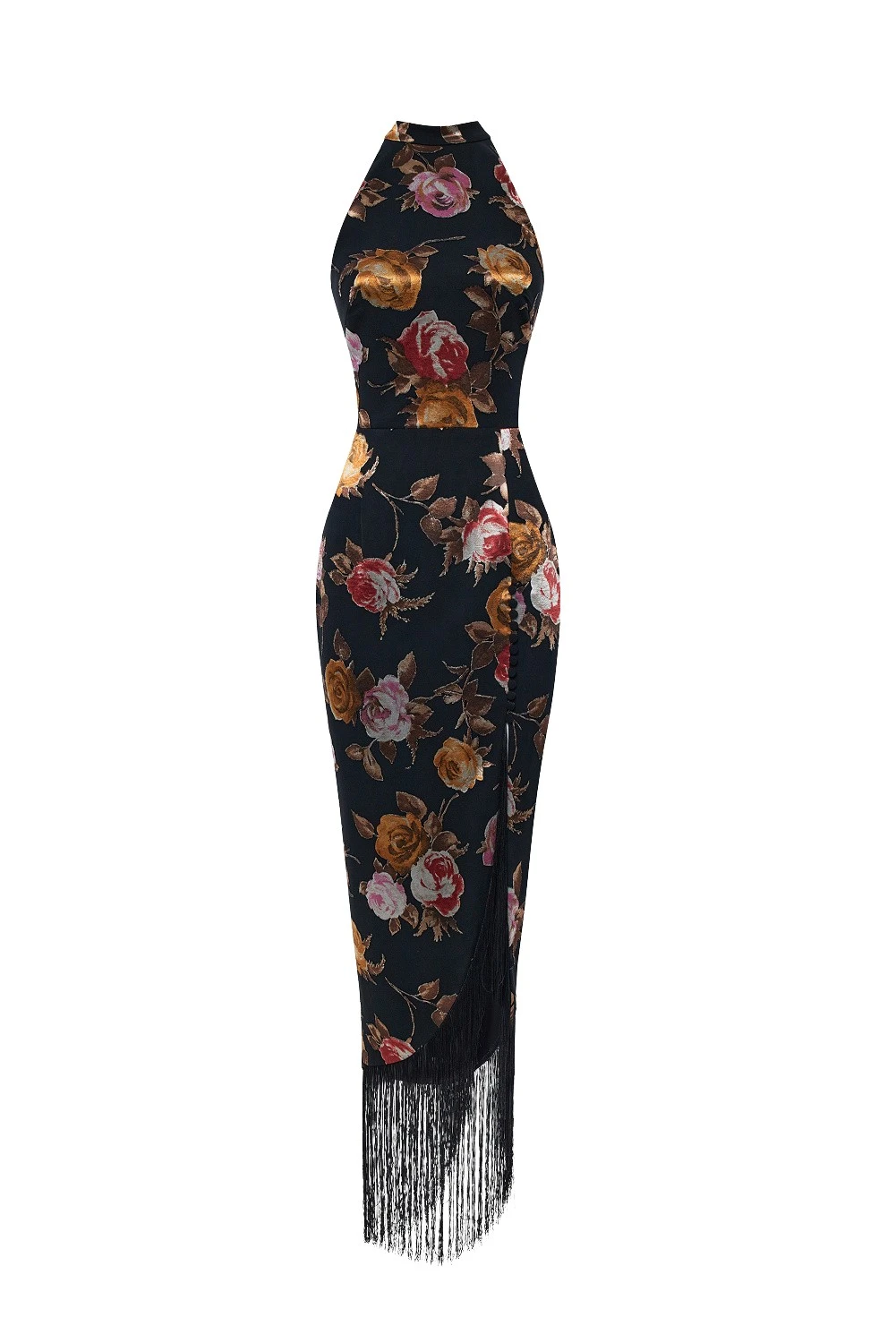 Rasario Chiffon-devoré maxi dress with fringe trim in Black and Pink