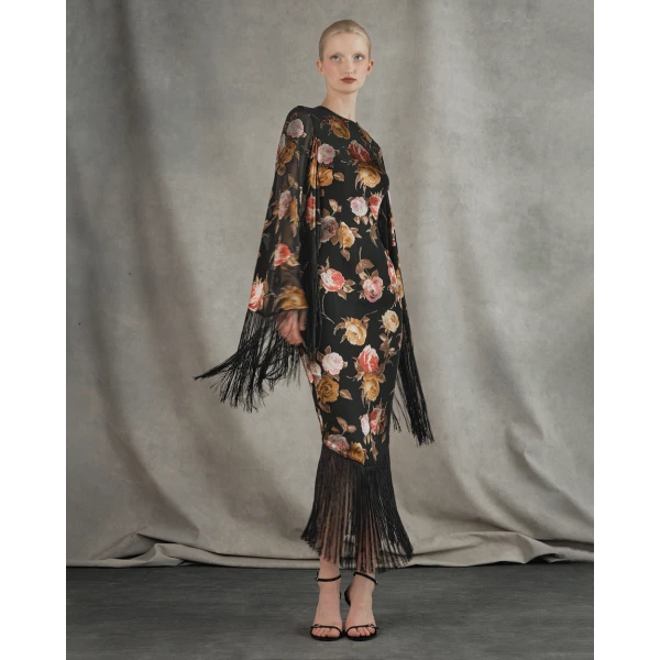 Rasario Chiffon-devoré midi dress with fringe trim in Black and Pink, view 2
