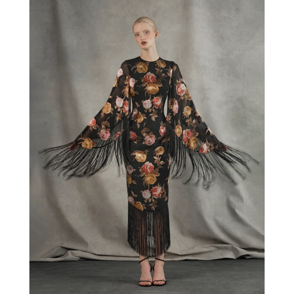 Rasario Chiffon-devoré midi dress with fringe trim in Black and Pink, view 3