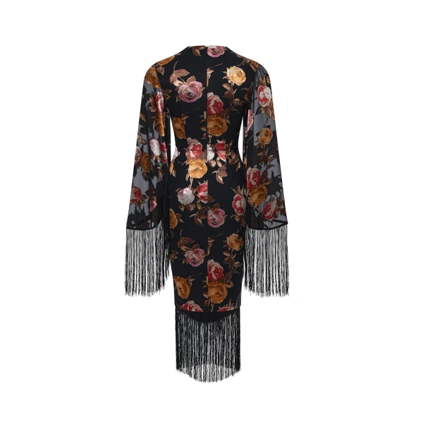 Rasario Chiffon-devoré midi dress with fringe trim in Black and Pink, view 4