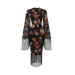 Rasario Chiffon-devoré midi dress with fringe trim in Black and Pink
