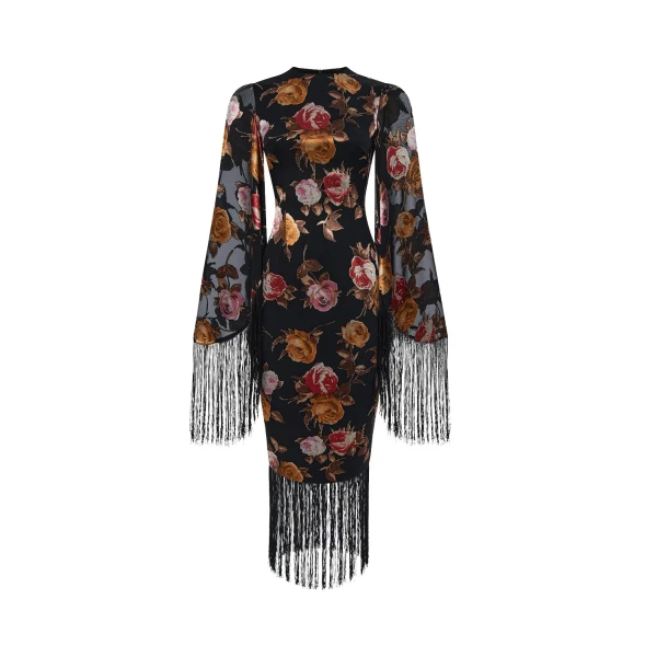 Rasario Chiffon-devoré midi dress with fringe trim in Black and Pink