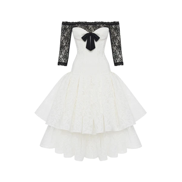 Rasario Corset lace midi dress with a bow in White and Black