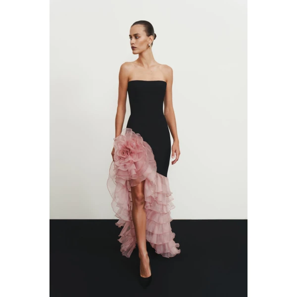 Rasario Crepe and chiffon maxi dress with a voluminous flower in Black and Pink, view 2