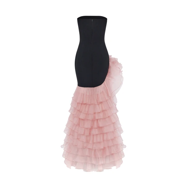 Rasario Crepe and chiffon maxi dress with a voluminous flower in Black and Pink, view 3
