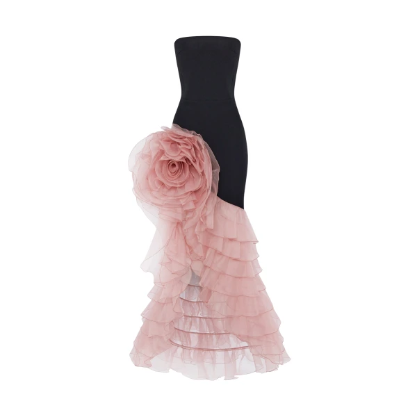 Rasario Crepe and chiffon maxi dress with a voluminous flower in Black and Pink