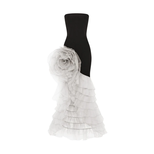 Rasario Crepe and chiffon maxi dress with a voluminous flower in Black and White