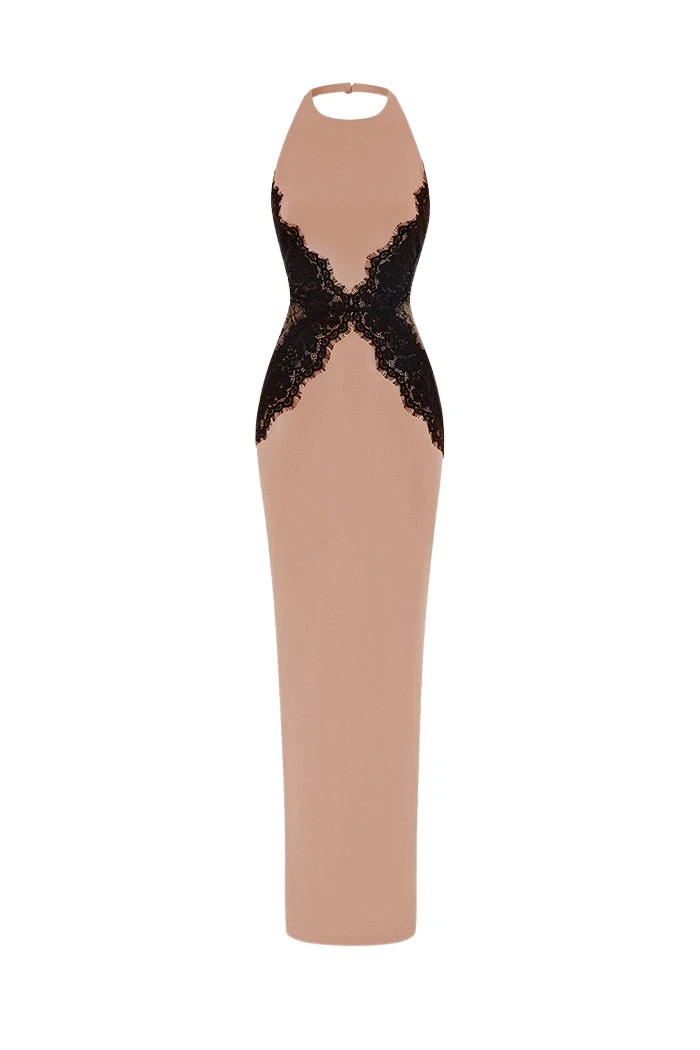 Crepe and lace maxi dress in Beige and Black