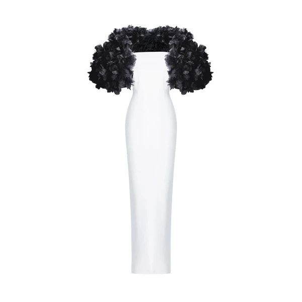 Rasario Crepe maxi dress with floral trim in White and black