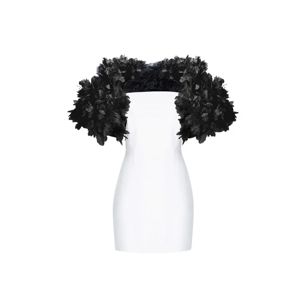 Rasario Crepe mini dress with floral trim in White and black