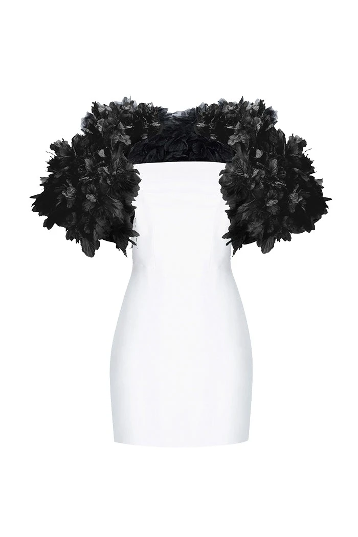 Rasario Crepe mini dress with floral trim in White and black