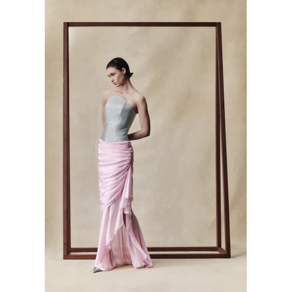 Rasario Crystal corset and silk chiffon dress in Silver and Light Pink, view 3