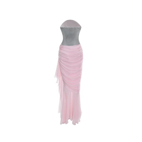 Rasario Crystal corset and silk chiffon dress in Silver and Light Pink, view 4