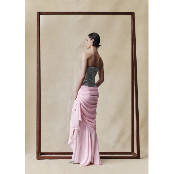 Rasario Crystal corset and silk chiffon dress in Silver and Light Pink, view 5