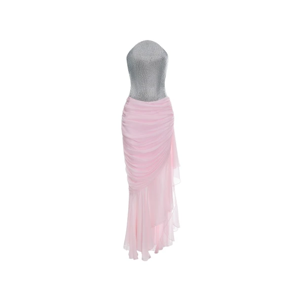 Rasario Crystal corset and silk chiffon dress in Silver and Light Pink