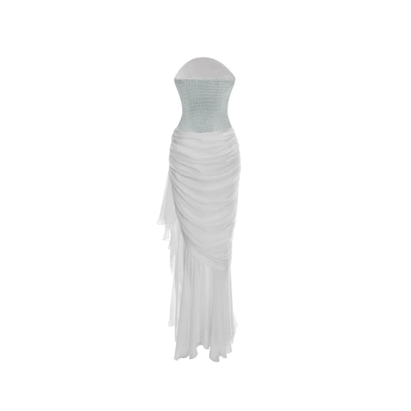 Rasario Crystal corset and silk chiffon dress in Silver and White, view 4