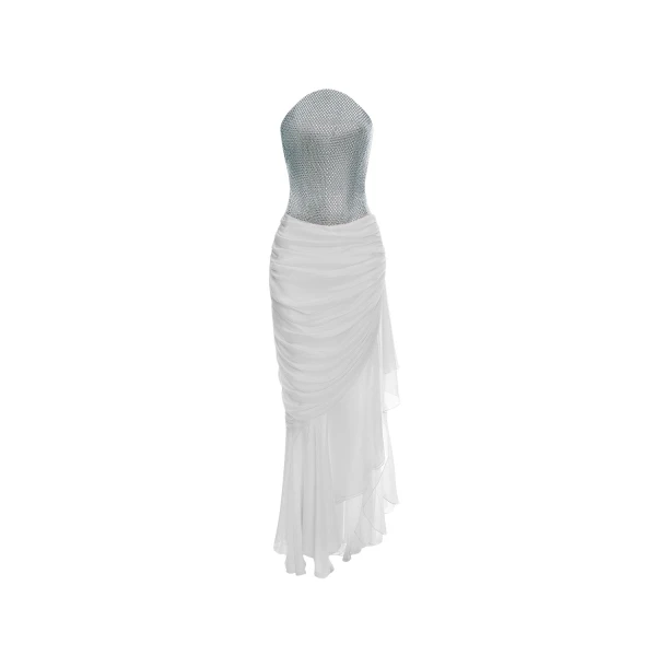 Rasario Crystal corset and silk chiffon dress in Silver and White