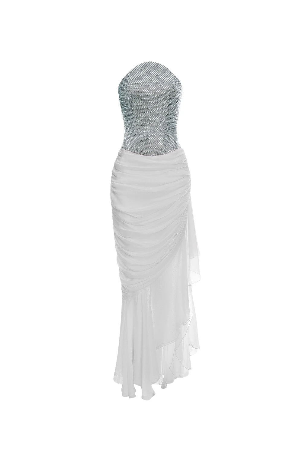 Rasario Crystal corset and silk chiffon dress in Silver and White