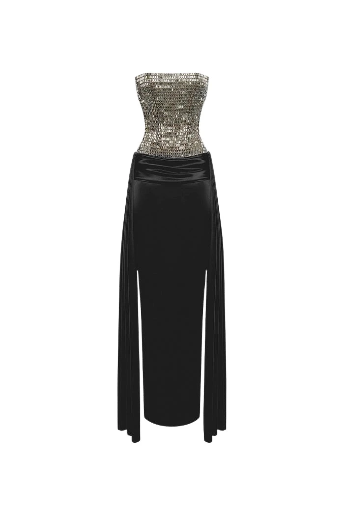 Rasario Crystal embellished corset satin gown with a train in Adults