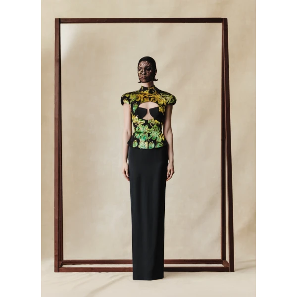 Rasario Devoré velvet and crepe maxi dress with front cutout in Black and Green, view 2