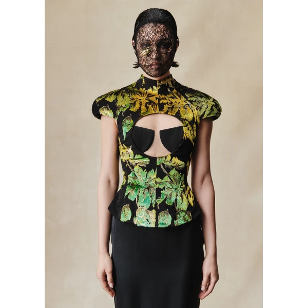 Rasario Devoré velvet and crepe maxi dress with front cutout in Black and Green, view 3