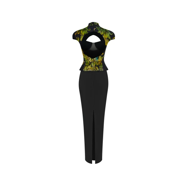 Rasario Devoré velvet and crepe maxi dress with front cutout in Black and Green, view 4