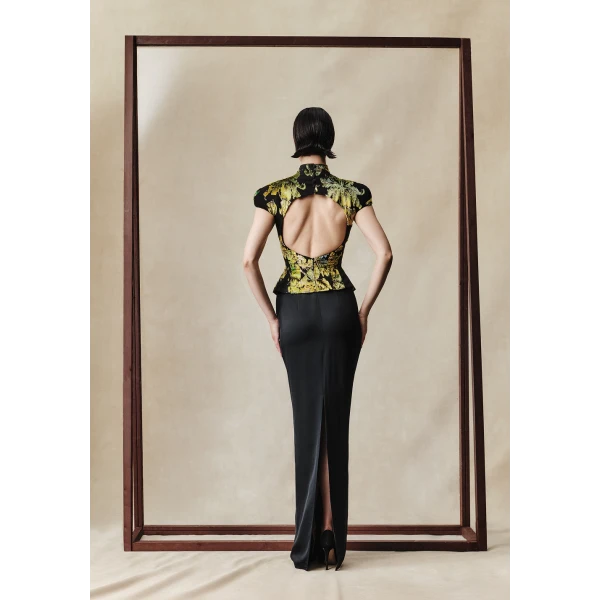 Rasario Devoré velvet and crepe maxi dress with front cutout in Black and Green, view 5