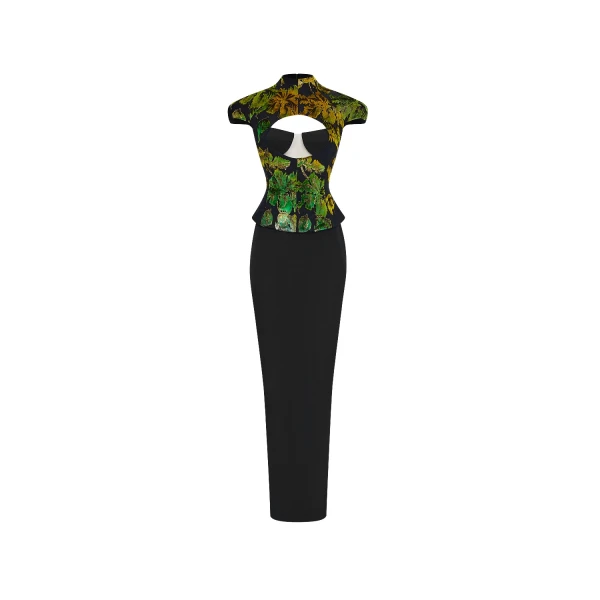 Rasario Devoré velvet and crepe maxi dress with front cutout in Black and Green
