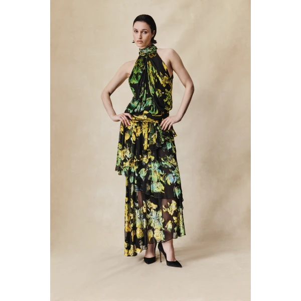 Rasario Devoré velvet maxi dress with ruffles and open back in Black and Green, view 2