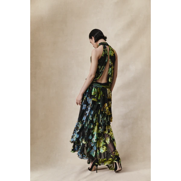 Rasario Devoré velvet maxi dress with ruffles and open back in Black and Green, view 3