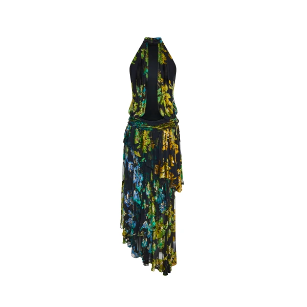 Rasario Devoré velvet maxi dress with ruffles and open back in Black and Green, view 4