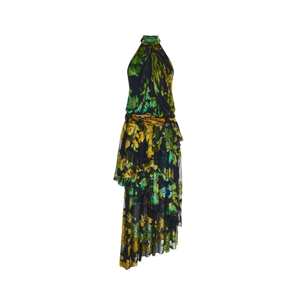 Rasario Devoré velvet maxi dress with ruffles and open back in Black and Green