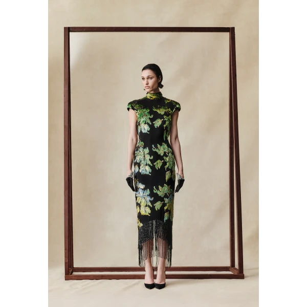 Rasario Devoré velvet midi dress with beaded fringe in Black and Green, view 2