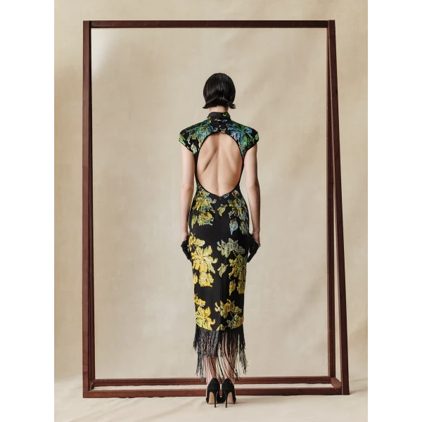 Rasario Devoré velvet midi dress with beaded fringe in Black and Green, view 3