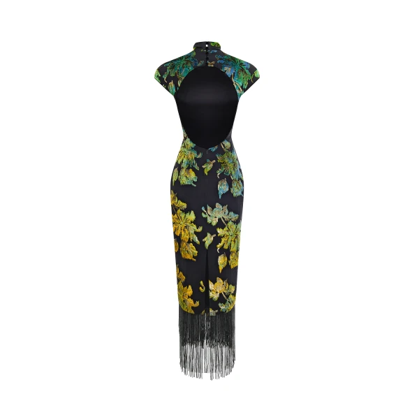 Rasario Devoré velvet midi dress with beaded fringe in Black and Green, view 4