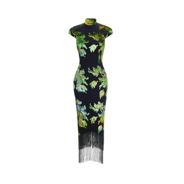 Rasario Devoré velvet midi dress with beaded fringe in Black and Green