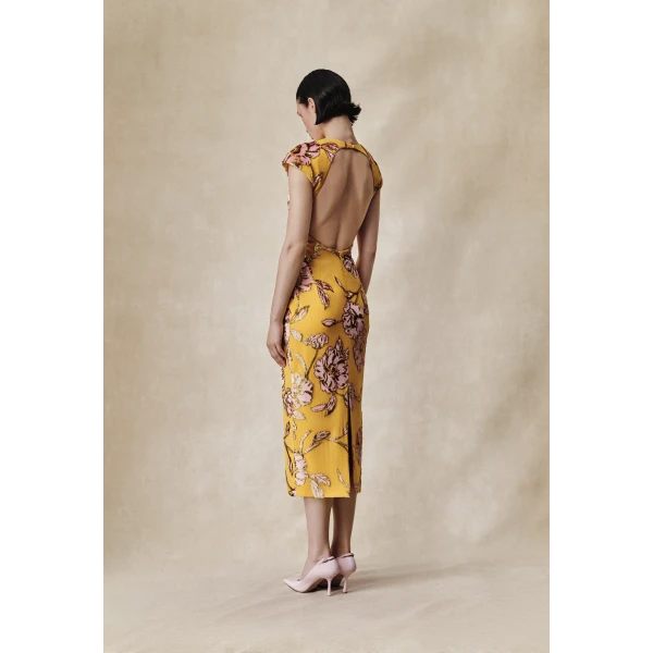 Rasario Devoré velvet midi dress with open back in Black and Green, view 4