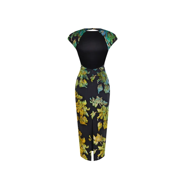 Rasario Devoré velvet midi dress with open back in Black and Green, view 5