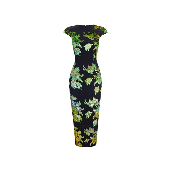 Rasario Devoré velvet midi dress with open back in Black and Green